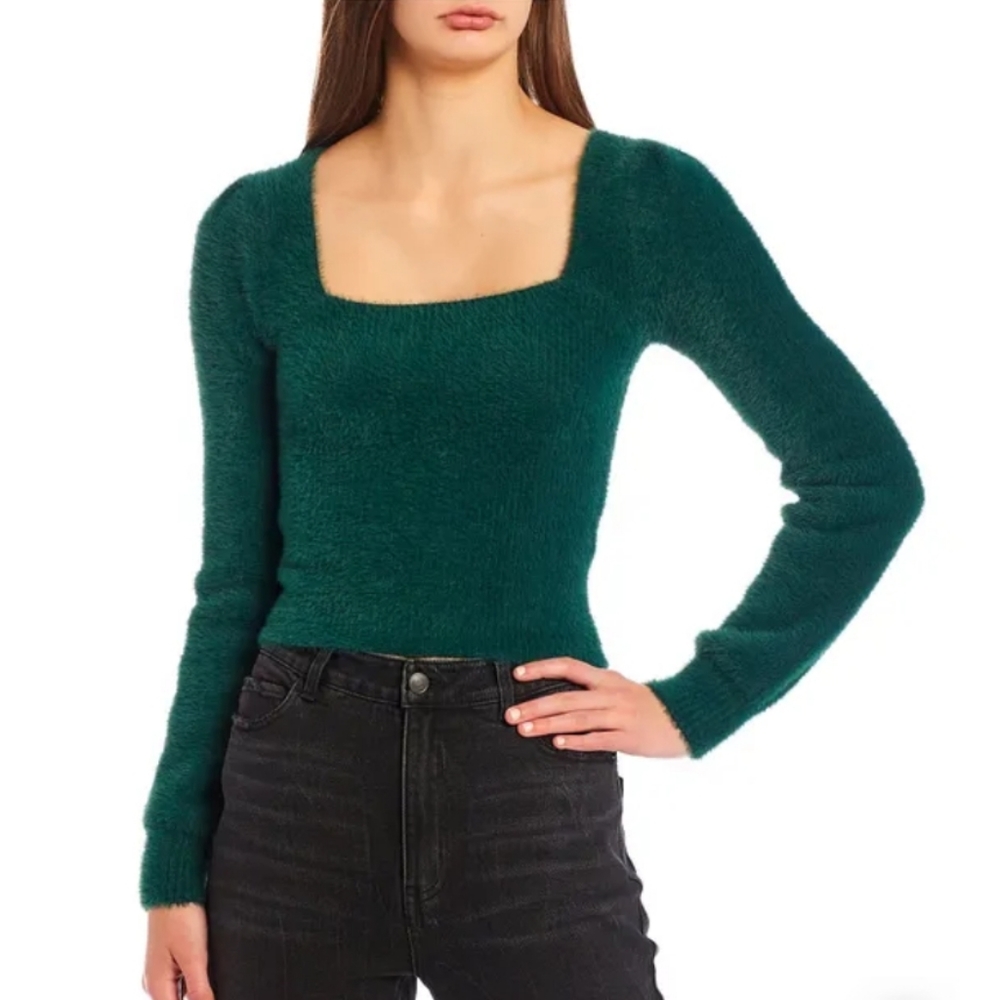 Green Eyelash Knit Furry Peasant Square Neck Sweater